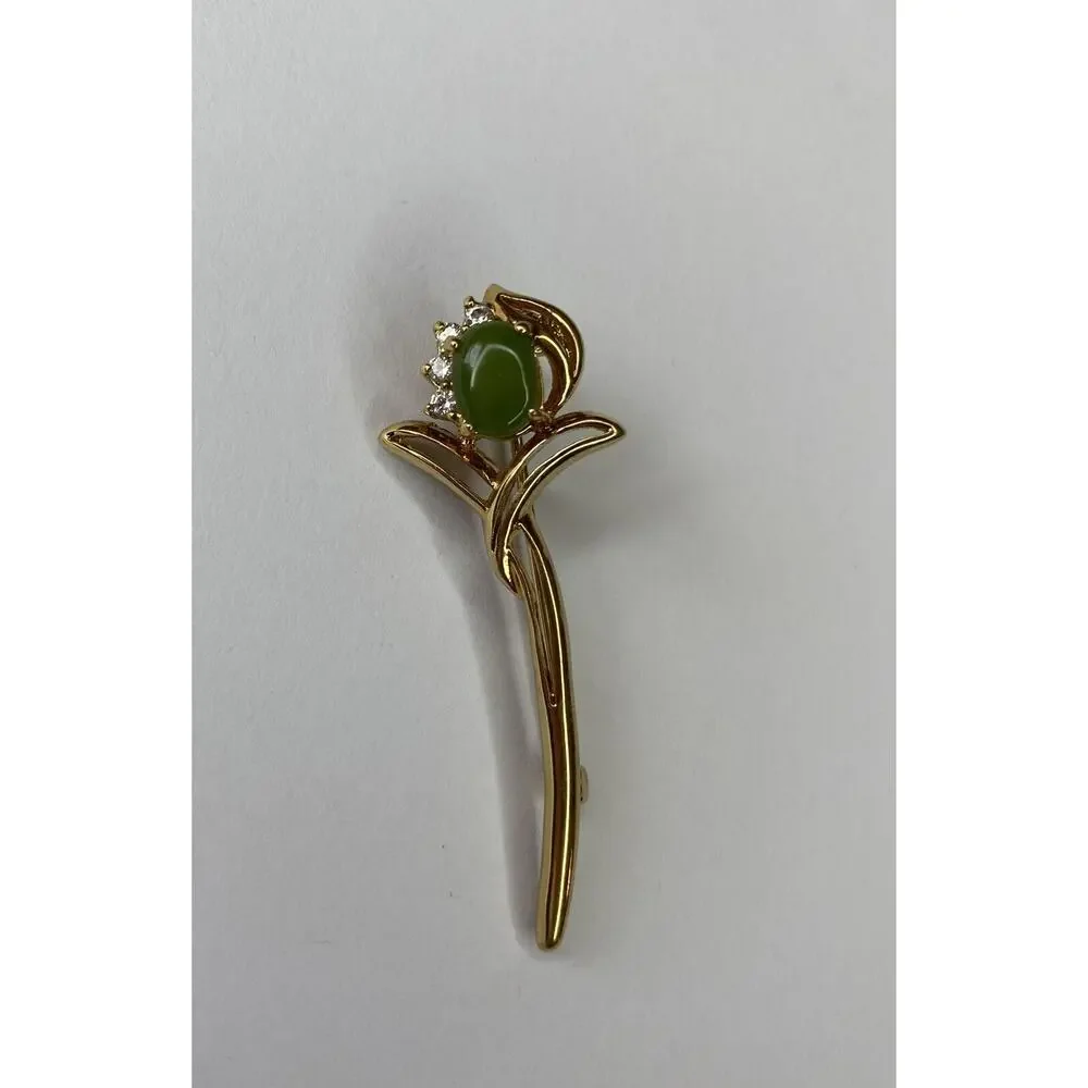 Vintage Gold Tone Pronged Jade Faux Diamonds Brooch Green Flower Pin